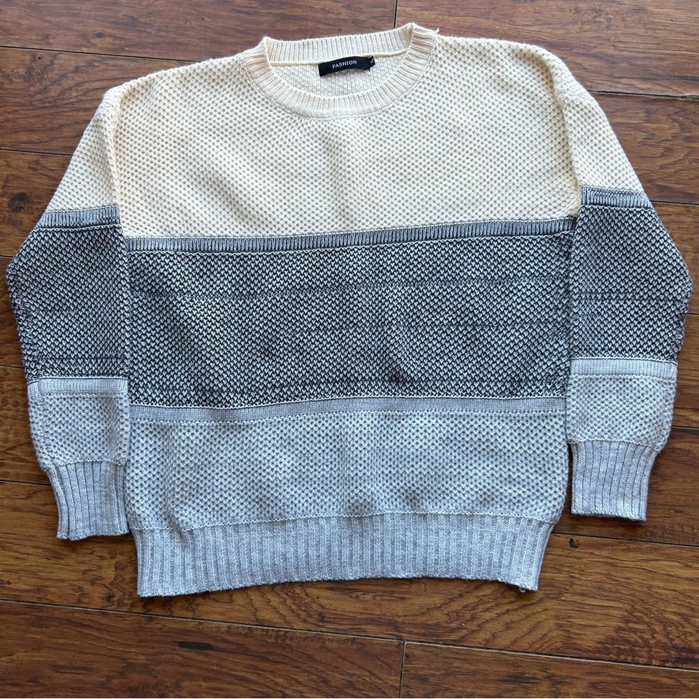 Men’s Knitted Sweater Striped Loose Knit XL Blue And Cream Acrylic Granpda